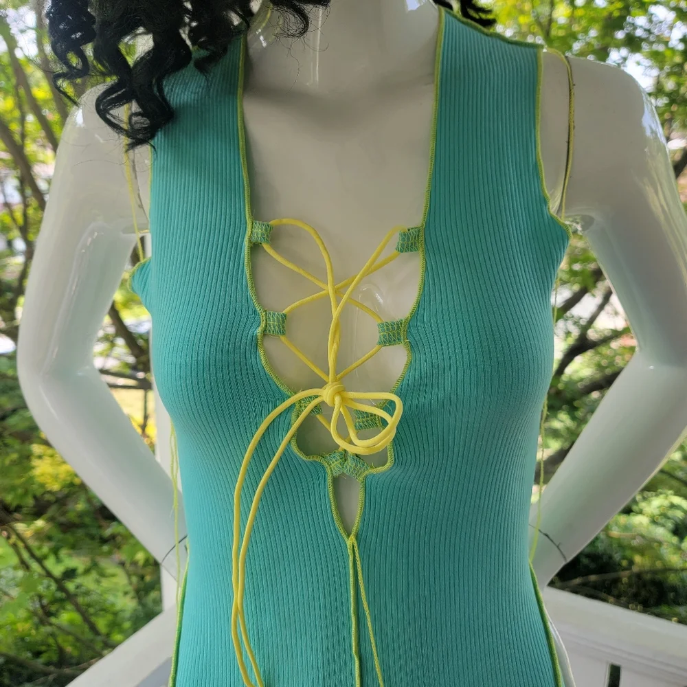 Sleeveless Aqua Lace-Up Bodycon Dress S